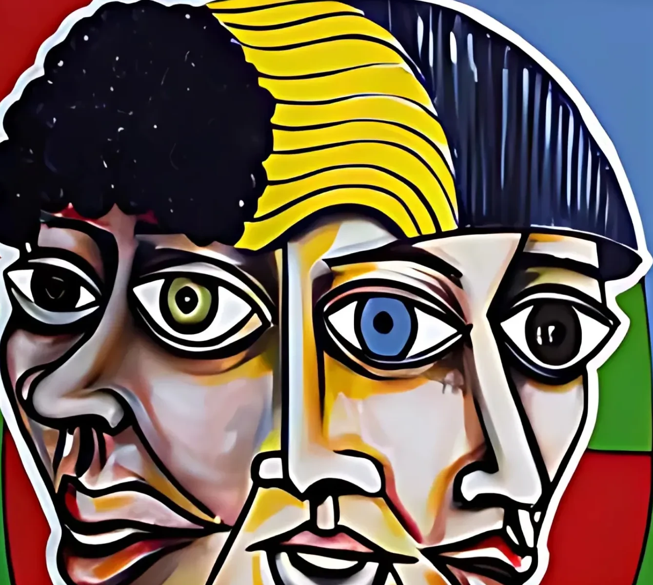 Pintura com três rostos sobrepostos, em traços pretos e planos de vermelho, amarelo, azul e verde